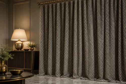 Vela Sanctuary chenille blackout curtain in grey with woven lattice pattern in an elegant living room