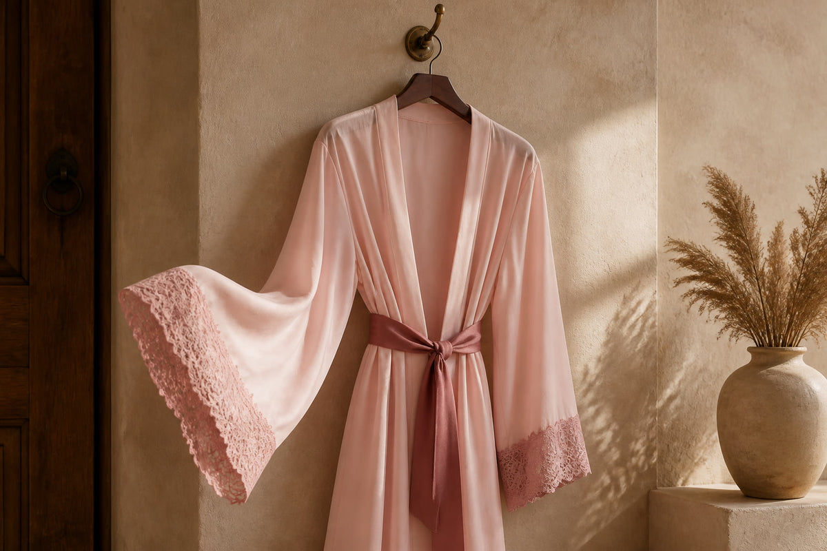 Vela Signature cool-touch kimono robe in blush pink with lace sleeves, hanging in a warm-lit room