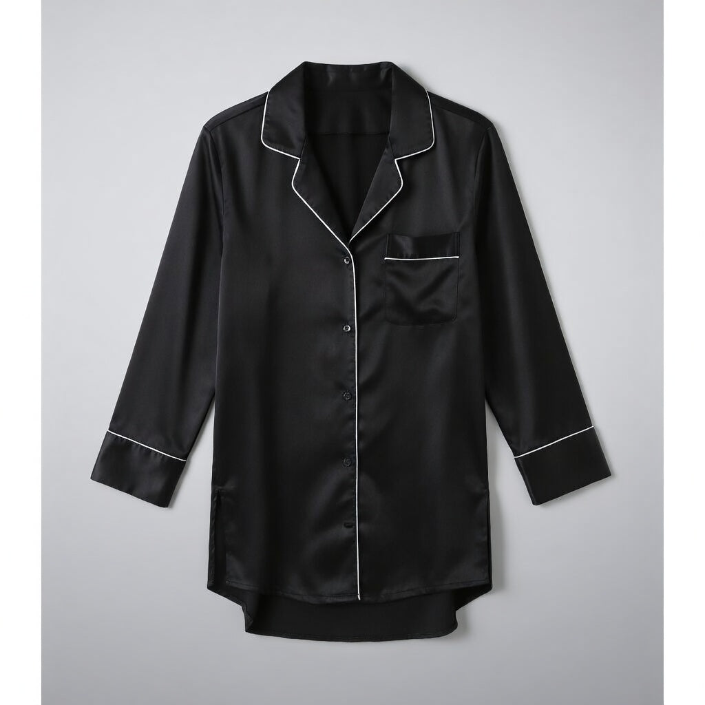 Vela Signature cool-touch lounge shirt in black with white contrast piping and chest pocket