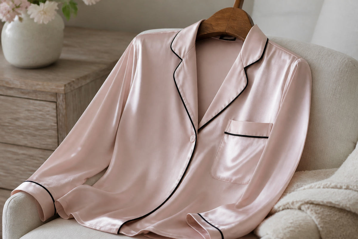 Vela Signature cool-touch lounge shirt in blush pink with contrast piping, hanging in a soft-lit room