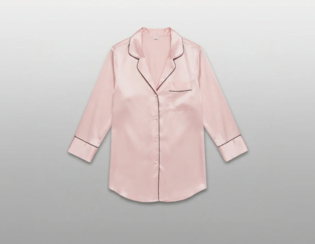 Vela Signature cool-touch lounge shirt in blush pink with notch collar and contrast piping