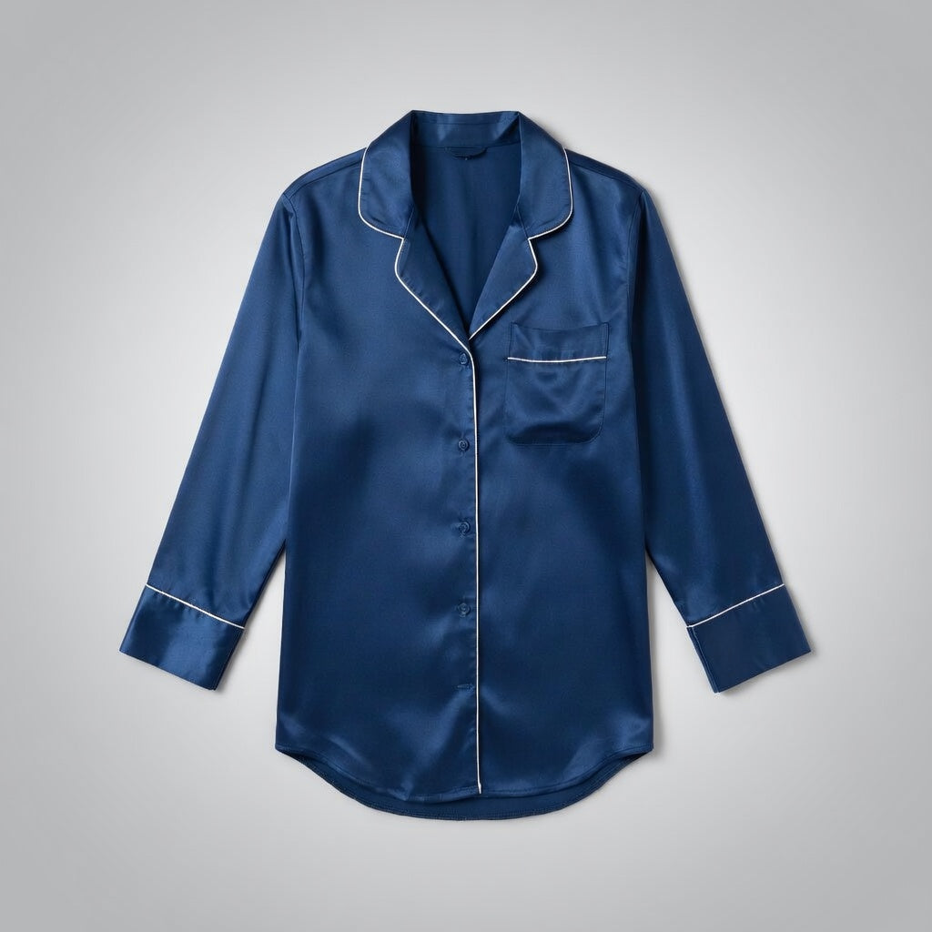 Vela Signature cool-touch lounge shirt in navy blue with white contrast piping and chest pocket