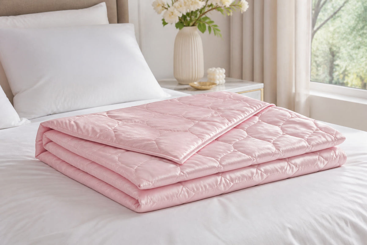 Vela Sanctuary cooling summer quilt in blush pink folded on a bright white bed