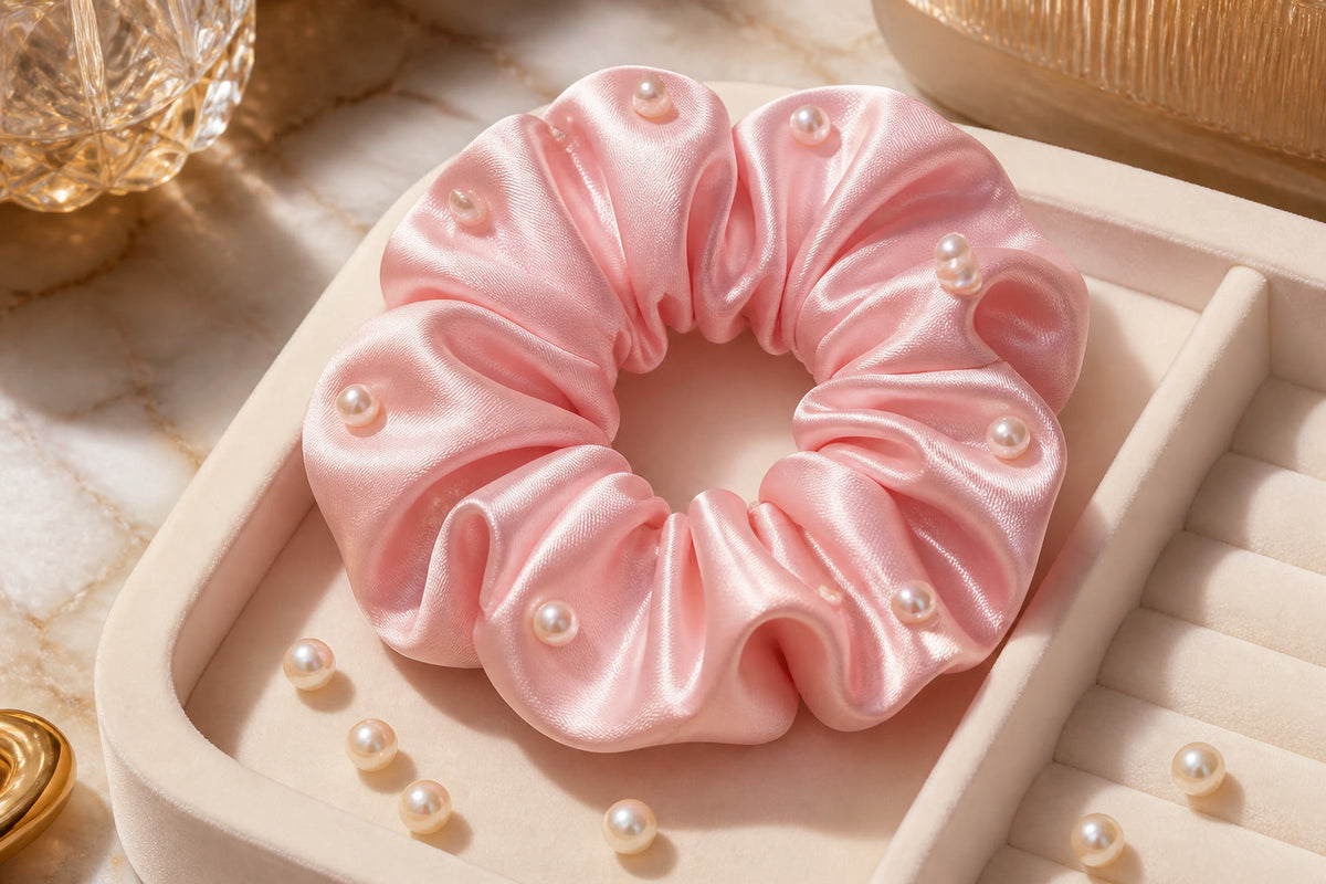 Vela pearl satin scrunchie in pink with pearl accents in a jewellery tray
