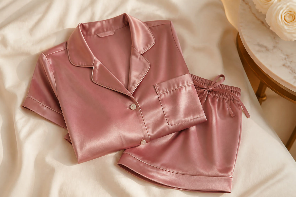 Vela Signature pearl-trim satin pajama set in dusty rose folded on soft bedding