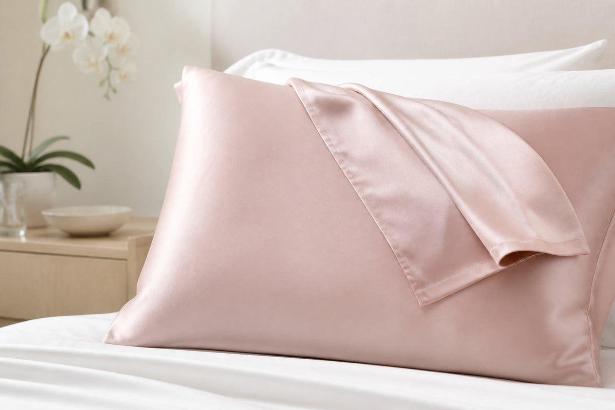 Vela Sanctuary blush pink mulberry silk pillowcase with envelope closure on soft white bedding