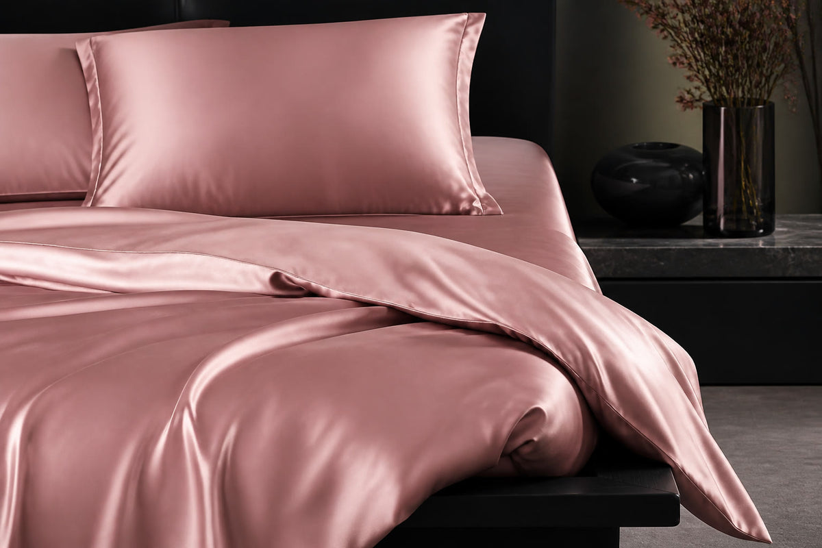 Close-up of the Vela Sanctuary satin bedding set in dusty pink showing its glossy sheen