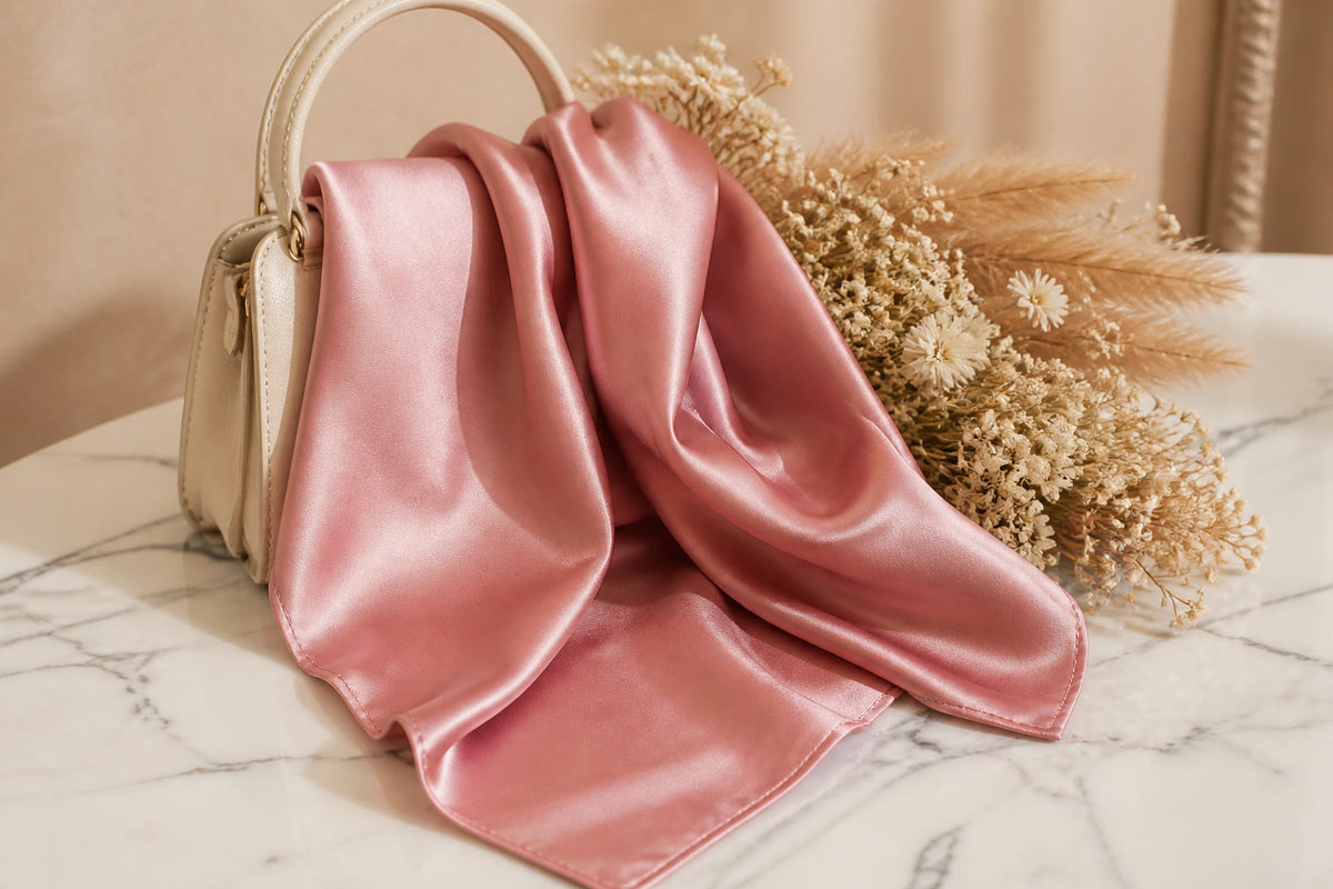 Vela satin scarf in dusty pink draped over a handbag