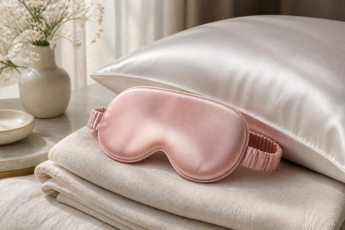 Vela Signature blackout satin sleep mask in blush pink resting on folded linens beside a pillow