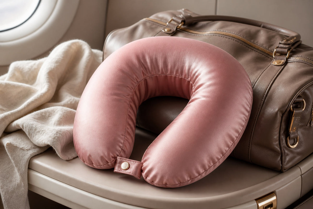 Vela satin U-shaped travel neck pillow in blush pink on a plane seat for comfortable travel