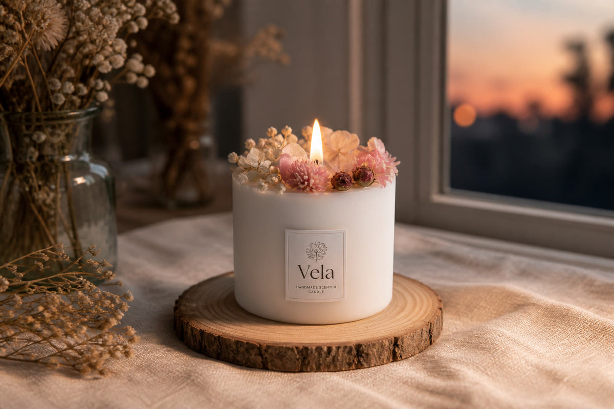 Vela Sanctuary scented candle glowing on a wood slice by a sunset window