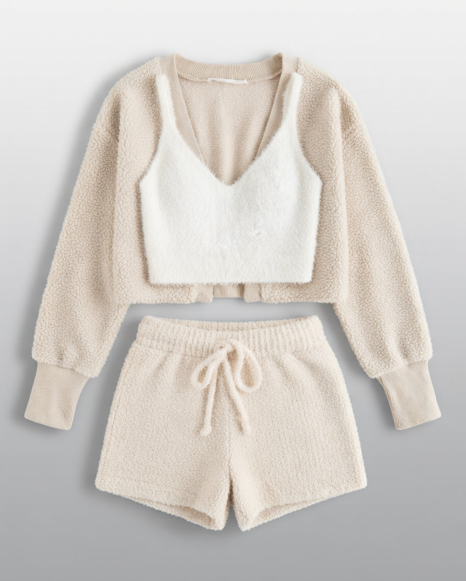 Vela Signature velvet ribbed lounge set in oatmeal beige with cardigan, white top and drawstring shorts