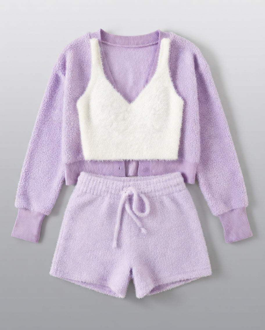 Vela Signature velvet ribbed lounge set in lavender with cardigan, white top and drawstring shorts